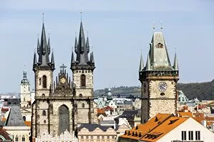 Town Hall Gallery: Prague skyline with Tyn Church and Old Town Hall Clock Tower in Prague, Czech Republic