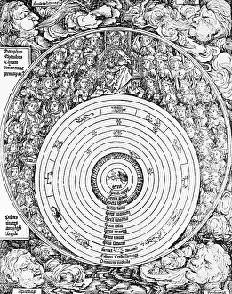 Prints of (Original Caption). Illustration depicting the conception of the universe in pre-Copernican astronomy, with the earth at the center. Woodcut from the Nuremberg Chronicle, 1492 Discover the beauty and mystery of the medieval era: Pre-Copernican Astronomical Diagram
