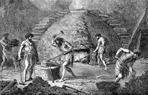 Prehistoric Prints: Prehistoric Man Forging Iron On An Anvil