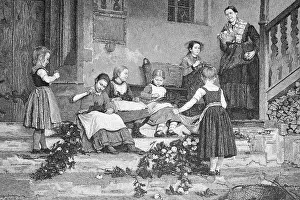 Adorned Prints: Preparations for the festival, children tying flower garlands