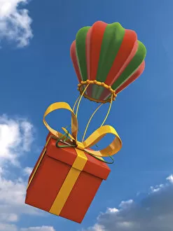 A present is attached to a balloon in the air, 3D rendering, illustration
