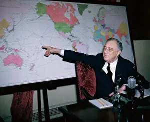 Franklin D Prints: US President Franklin Delano Roosevelt Pointing to Map