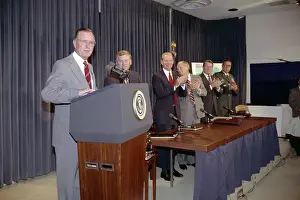 Prints of (Original Caption). Washington: President Bush is applauded while reporting to congressional leaders on the Persian Gulf crisis 8/28 Cheney Uncovered: Political Portraits: President George Bush Speaking to Congressional Leaders