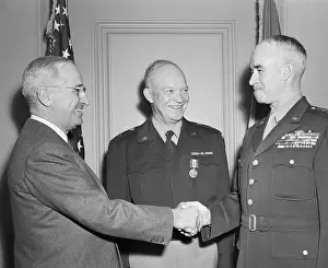 Prints of (Original Caption). Washington: Truman Congratulates New Chief Of Staff. President Truman (Left), congratulates General Omar N Eisenhower Unveiled: A Visual Journey Through History: President Harry S. Truman Greeting General Omar Bradley