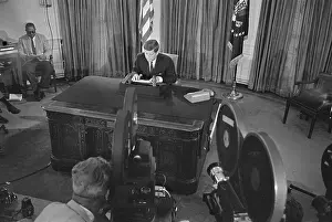 Video Camera Prints: President John Kennedy Making a Statement in Oval Office
