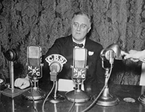 Franklin D Prints: President Roosevelt Sitting with Microphones