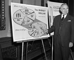 President Truman Points to Budget Pie Chart