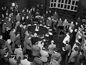 Prints of Facing a barrage of cameramen and women, Harry Truman, Joseph Stalin, and newly-elected British Prime Minister, Clement Attlee (right), pose for a photo on July 28th A Quiet Strength: A Leader Who Shaped Modern Britain: Press Conference Scene Before Meeting of The Big Three in Europe