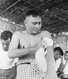 Towel Prints: Prime Minister U Nu of Burma Cleaning Himself