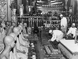 Buddhist Prints: Prime Minister U Nu Paying Homage to Buddhist Priests