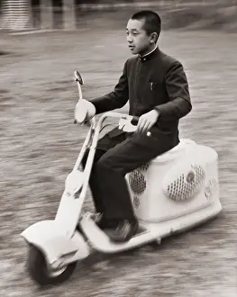 Akihito Prints: Prince Akihito on Motor Scooter