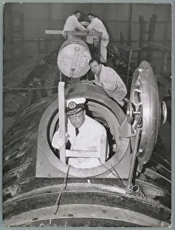 Rotterdam Prints: Prince Bernhard Exiting Submarine with Workers Nearby