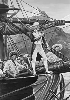 Balancing Prints: Print of Captain James Cook on the Prow of His Sailing Ship