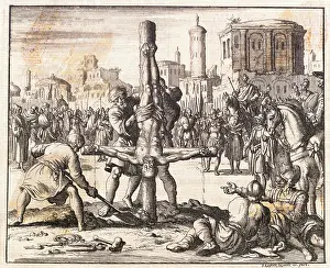 Martyr Prints: Print of the Crucifixion of St. Peter by Jan Luyken