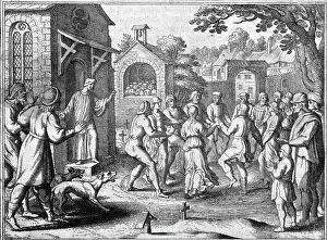 Prints of (Original Caption). Dancing mania sweeps through Europe during medieval plague. Penitents pray for mitigation of plague. Undated illustration Discover the beauty and mystery of the medieval era: Print of Dancing Mania In Europe During Plague
