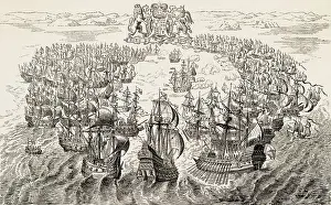 Warship Prints: Print Depicting English and Spanish Fleets Fighting near the Isle of Wight