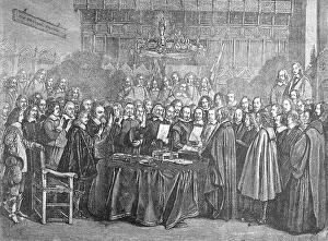 Print of Men Signing the Treaty of Westphalia after Terburg