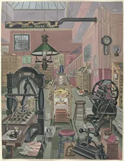 Prints of Print Shop, 1870, 1935/1942. Artist Perkins Harnly. (Photo by Heritage Art/Heritage Images via Getty Images) Enchanted Interiors of Perkins Harnly: Print Shop