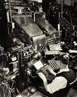 Typesetter Prints: Printer Operating at Linotype Machine