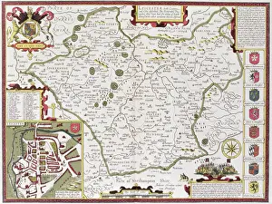 Prints of Leicester, engraved by Jodocus Hondius (1563-1612) from John Speed's Theatre of the Empire of Great Britain, pub Celestial Map Prints: Private Collection