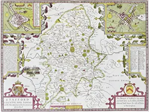 Prints of Stafford County and Town, engraved by Jodocus Hondius (1563-1612) from John Speed's Theatre of the Empire of Great Britain, pub Celestial Map Prints: Private Collection