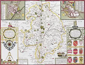 Prints of The County of Warwick, the Shire Town and the City of Coventry, engraved by Jodocus Hondius (1563-1612) from John Speed's Theatre of the Empire of Great Britain, pub Celestial Map Prints: Private Collection