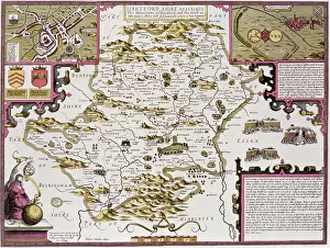 Prints of Hartfordshire and the situation of Hartford, engraved by Jodocus Hondius (1563-1612) from John Speed's Theatre of the Empire of Great Britain, pub Celestial Map Prints: Private Collection