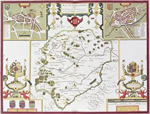 Prints of Rutlandshire with Oukham and Stanford, engraved by Jodocus Hondius (1563-1612) from John Speed's Theatre of the Empire of Great Britain, pub Celestial Map Prints: Private Collection