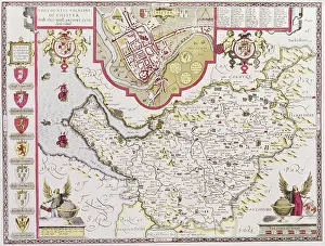 Prints of The Countye Palatine of Chester, engraved by Jodocus Hondius (1563-1612) from John Speed's Theatre of the Empire of Great Britain, pub Celestial Map Prints: Private Collection