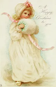 Prints of Christmas card depicting a girl with a muff (colour litho) (Photo by Art Images via Getty Images) Celebrate the Season: A Curated Collection of Christmas Art: Private Collection