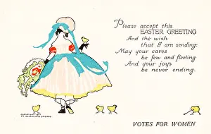 Prints of Holiday postcard depicting a young woman, from the back, surrounded by chicks, with a generic Easter verse and the words 'Votes for Women' beneath the greeting Historic Moments from the Women’s Fight for the Vote: Pro-Suffrage Easter Card