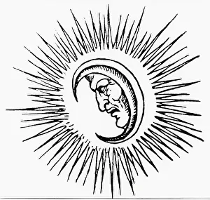 Profile Face In Crescent Moon--Woodcut