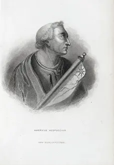 Tunic Prints: Profile Portrait of Amerigo Vespucci Holding a Map
