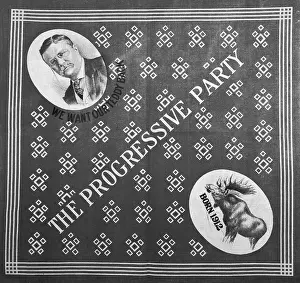 Prints of 1912: Election banner for Theodore Roosevelt's Progressive Party (the Bull Moose). Roosevelt's image appears in the upper left corner, and he bull moose in the lower right corner A Legacy in Images: The Progressive Party Election Banner