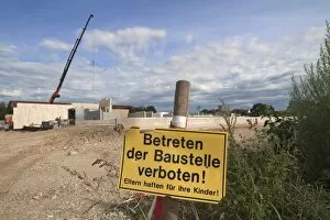 Images Dated 12th August 2014: Prohibition sign keep off construction site, construction of a modern cow shed, Bavaria, Germany
