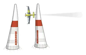 Propeller Aeroplane Prints: Propeller plane in mid air, and two pylons in foreground
