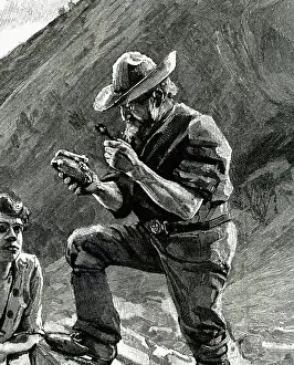 Mine Prints: Prospector Examines A Speciman