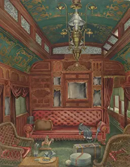 Prints of Pullman Coach, circa 1940. Artist Perkins Harnly. (Photo by Heritage Art/Heritage Images via Getty Images) Enchanted Interiors of Perkins Harnly: Pullman Coach