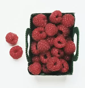 Punnet of raspberries, view from above