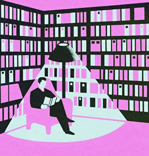 Bookshelf Prints: Purple Man Reading in Library