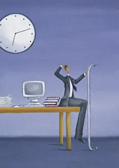 Desk Prints: Puzzled Businessman Sitting at the Edge of a Desk Holding a Long Piece of Paper