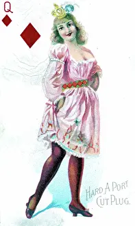 Time Captured: Vintage Art: Queen of Diamonds Playing Card, Hard A Port Cut Plug Tobacco Card, 1890s