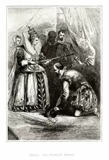 Success Gallery: Queen Elizabeth I knighting Sir Francis Drake (1859 engraving)