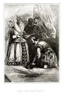 Sword Prints: Queen Elizabeth I knighting Sir Francis Drake (1859 engraving)