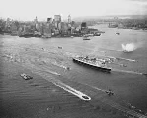 Tugboat Prints: Queen Elizabeth Sailing Through New York Harbor