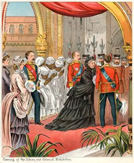 Images Dated 7th February 2017: Queen Victoria opening the Indian and Colonial Exhibition in 1886