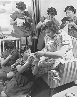 Marie Dionne Prints: The Quintuplets Embroidering with Their Mother
