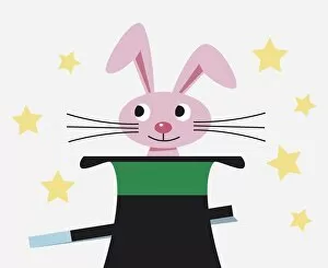 Rabbit appearing from a hat, magic wand, stars, illustration