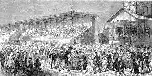 Racecourse in Bois de Boulogne, the favourite horse The Earl is being shown to the public, 1868, France, Historic, digitally restored reproduction of a 19th century original, exact original date not known