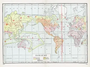Prints of Color coded map titled 'Races of Men' detailing the distribution and now discredited categorization of the human races into five groups - Caucasian, Indian, Malayan, Mongolian, and Negro Discover the World in Maps: Past, Present, and Beyond: The Races Of Men